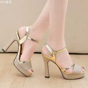 Techshoppy Women Fashion Elegant PU Round Toe Platform Ankle Strap Buckle Sandals