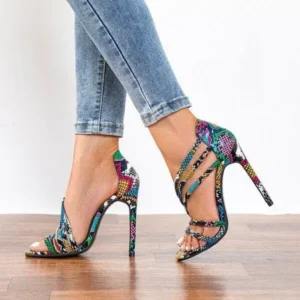 Techshoppy Women Fashion Sexy PU Snake Patterned Pointed Toe Stiletto Heel Sandals