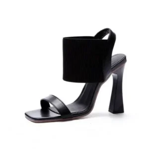 Techshoppy Women Fashion Elegant Solid ColorPU Square Toe Chunky Heel Elastic Sandals