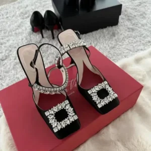 Techshoppy Women Fashion Elegant PU Square Toe Rhinestone Stiletto Heel Ankle Strap Buckle Sandals