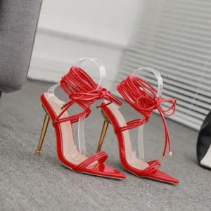 Techshoppy Women Fashion Sexy Solid Color PU Bandage Stiletto Heel Sandals