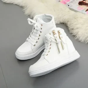 Techshoppy Women Fashion Solid Color Side Zipper Lace-Up Round Head Thick-Soled Sneakers