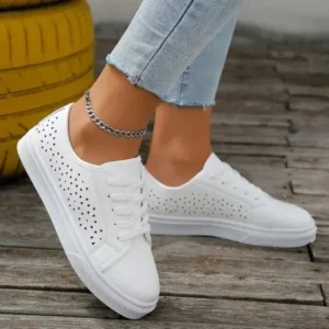 Techshoppy Women Fashion Solid Color Plus Size Hollow Lace-Up Round-Toe Sneakers