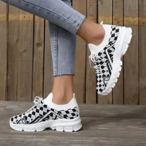 Techshoppy Summer Women Fashion Casual Geometric Print Fly-Woven Lace-Up Sneakers