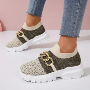 Techshoppy Women Fashion Color Block Metal Chain Thick-Soled Breathable Fly-Woven Sneakers