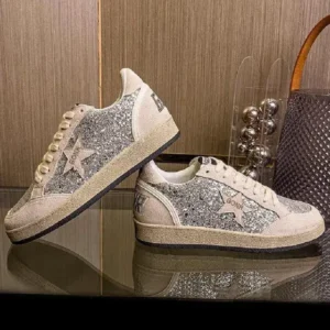 Techshoppy Women Fashion Distressed Sequins Star Round-Toe Sneakers