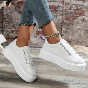 Techshoppy Women Fashion Solid Color Round-Toe Lace-Up Thick-Soled Sneakers