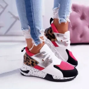 Techshoppy Women Casual Leopard Printed Patchwork Lace Up Sneakers