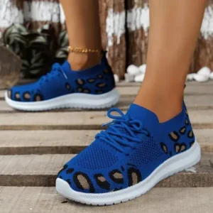 Techshoppy Women Fashion Casual Leopard Print Round Toe Fly-Woven Stretch Sneakers