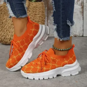 Techshoppy Women Fashion Plus Size Casual Flying Woven Lace-Up Round Toe Sneakers