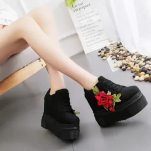 Techshoppy Women Fashion Casual PU Floral Printed Thick-Soled Lace-Up Canvas Sneakers