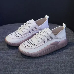 Techshoppy Women Fashion Casual Solid Color PU Lace-Up Hollow Breathable Sneakers