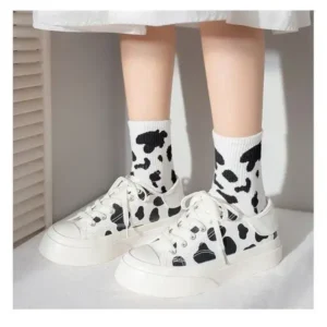 Techshoppy Women Fashion Platform Cute Cow Pattern Lace-Up Sneakers