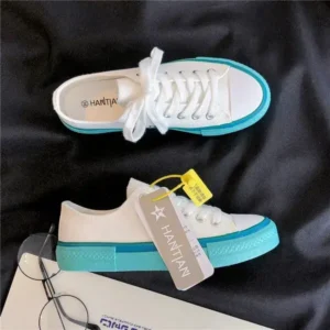 Techshoppy Women Fashion Cream Blue Canvas Lace-Up Sneakers