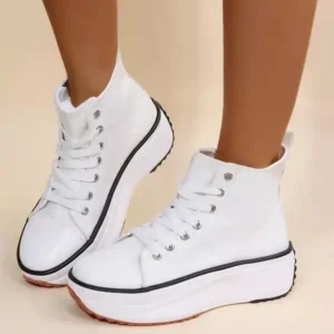 Techshoppy Women Fashion Platform Round Toe Canvas Lace Up Sneakers