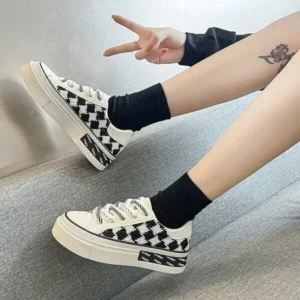 Techshoppy Women Fashion Platform Checkerboard Canvas Sneakers