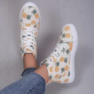 Techshoppy Women Fashion Round Toe Lace-Up Pineapple Strawberry Flat Sneakers