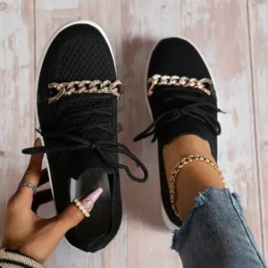 Techshoppy Women Fashion Round Toe Rhinestone Metal Decoration Lace-Up Mesh Sneakers