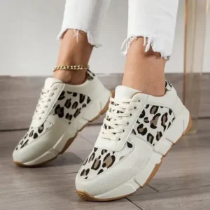 Techshoppy Women Fashion Round Toe Stitching Lace Up Low Top Leopard Sports Sneakers